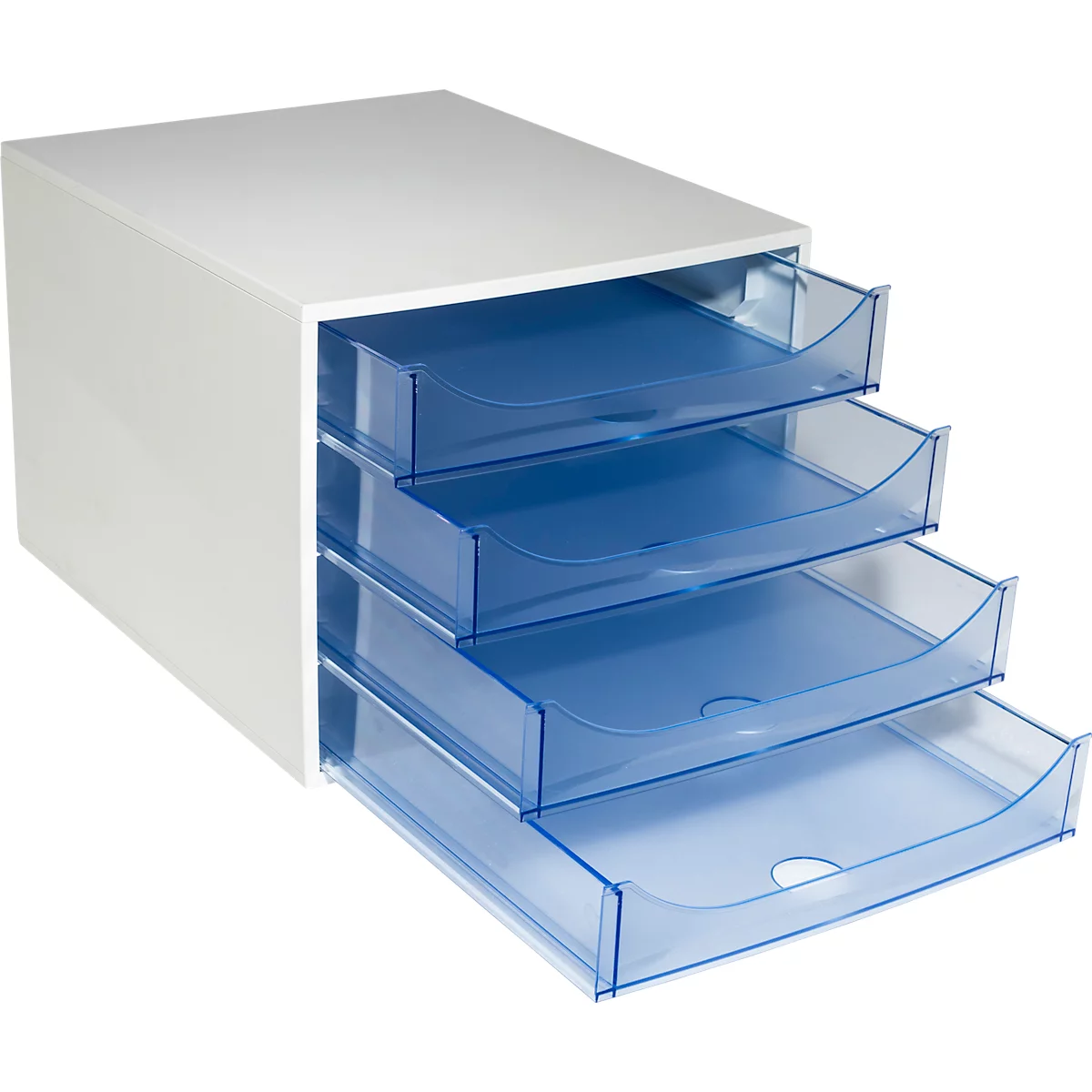 Weisser Schubladenturm mit vier transparent-blauen Schubladen. Alle Schubladen sind leer.