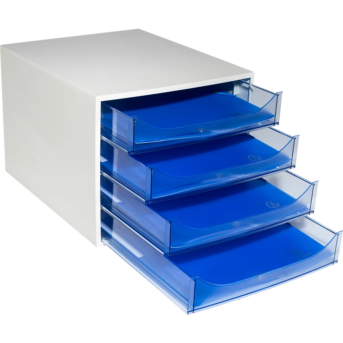 Weisser Büro-Schubladenschrank mit vier transparenten, blauen Schubladen.