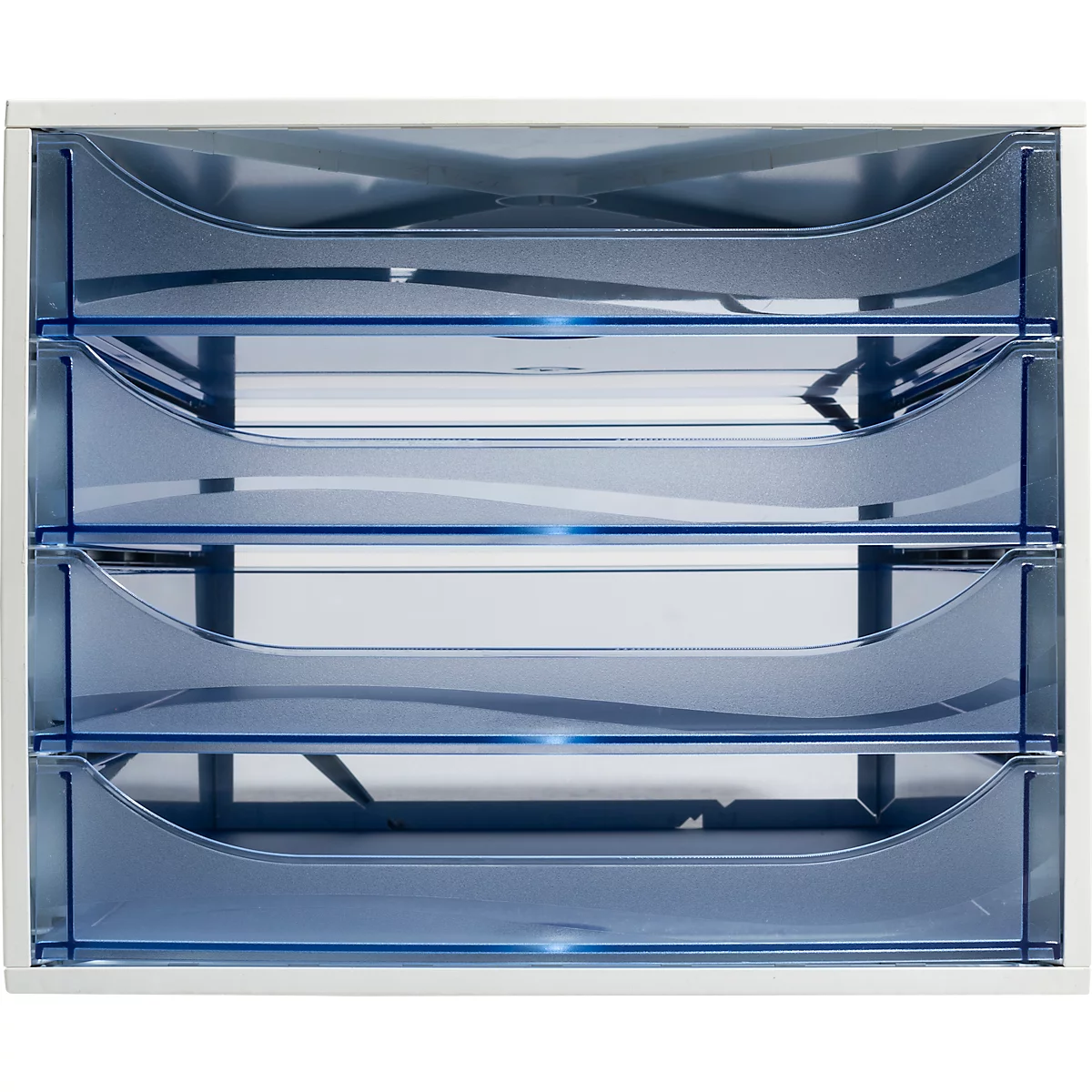 Büro-Ablagesystem mit vier transparent-blauen Schubladen und weissem Rahmen.