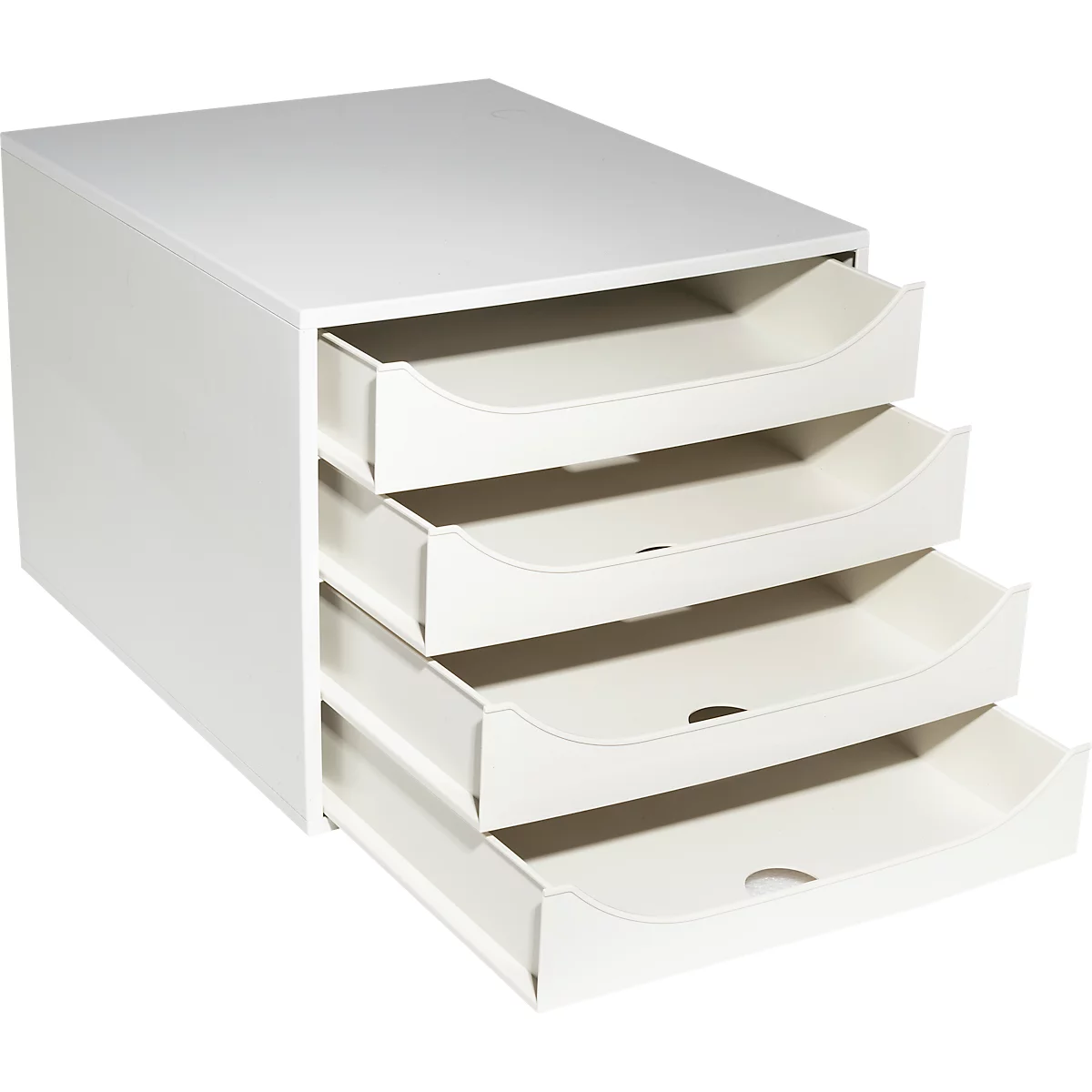 Weisser Schubladenschrank mit vier offenen Schubladen.