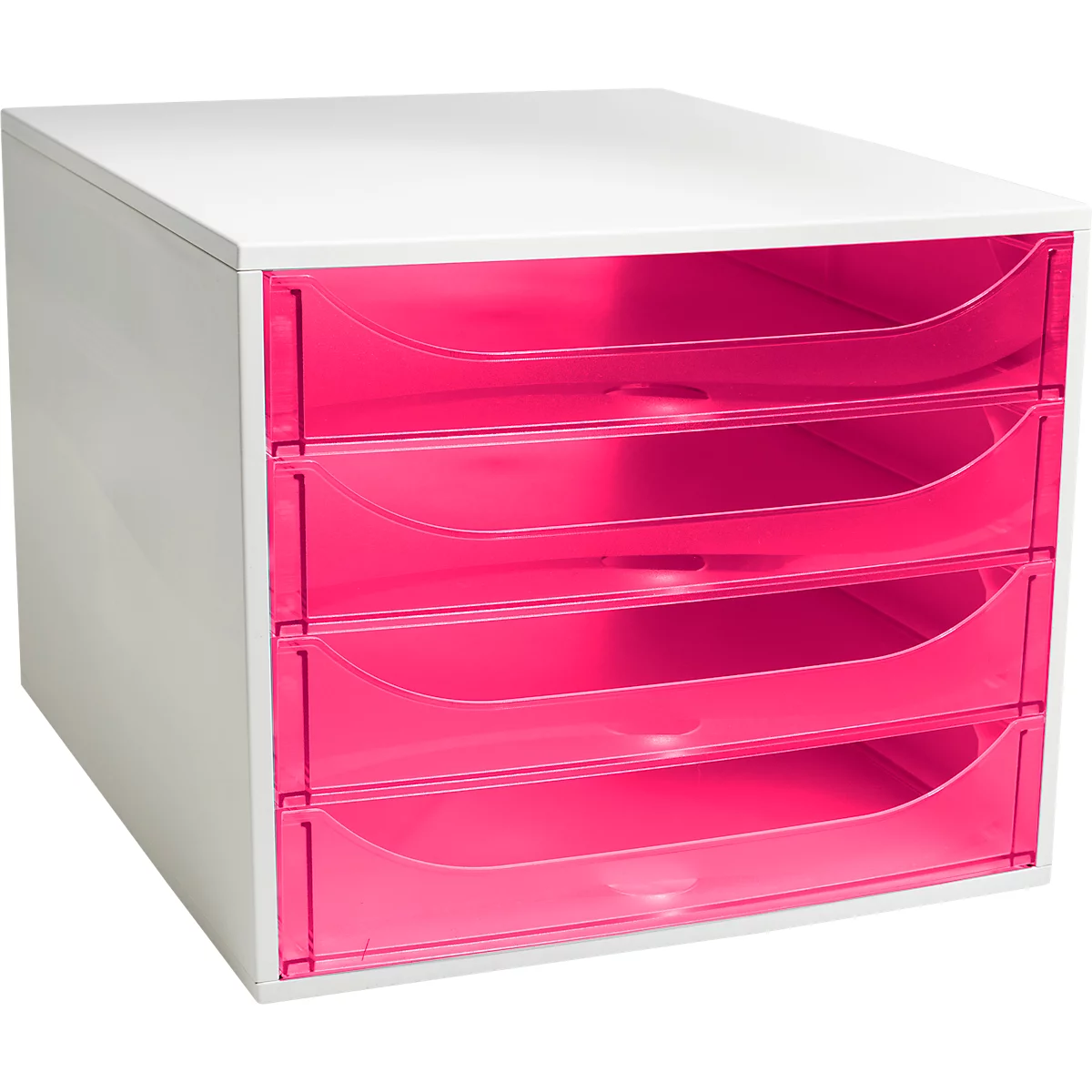 Weisses Schreibtisch-Organizer-Regal mit vier Schubladen in leuchtendem Pink.