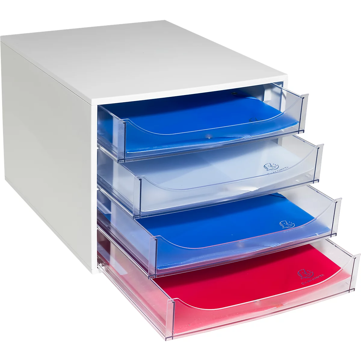 Weisses Schubladensystem mit vier transparenten Schubladen, gefüllt mit farbigem Papier. Die Schubladen sind blau, weiss, blau und rot.