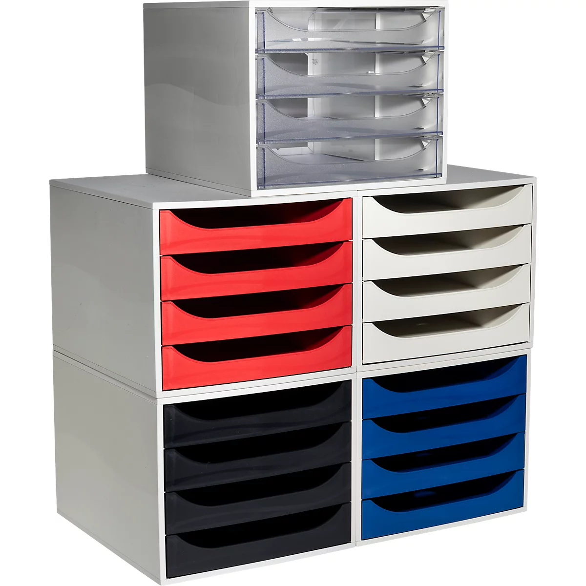 Mehrfarbiger Schubladeneinsatz-Organizer, weiss, rot, blau und transparent.