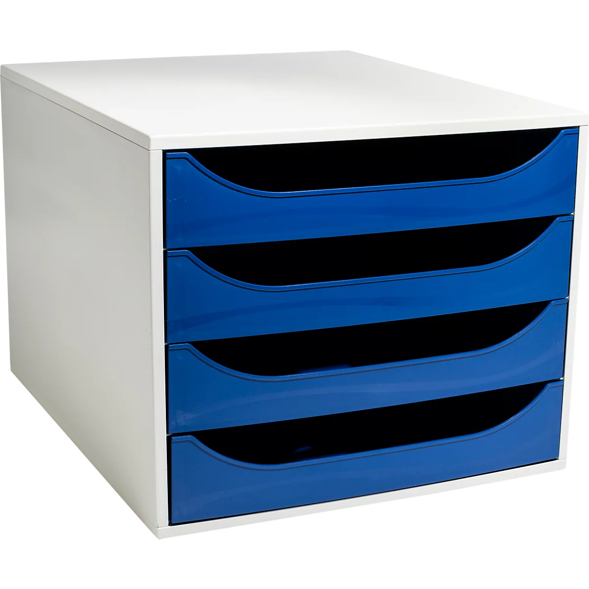Weisser Schrank mit vier blauen Schubladen. Die Schubladen sind offen und die Innenräume sind schwarz.