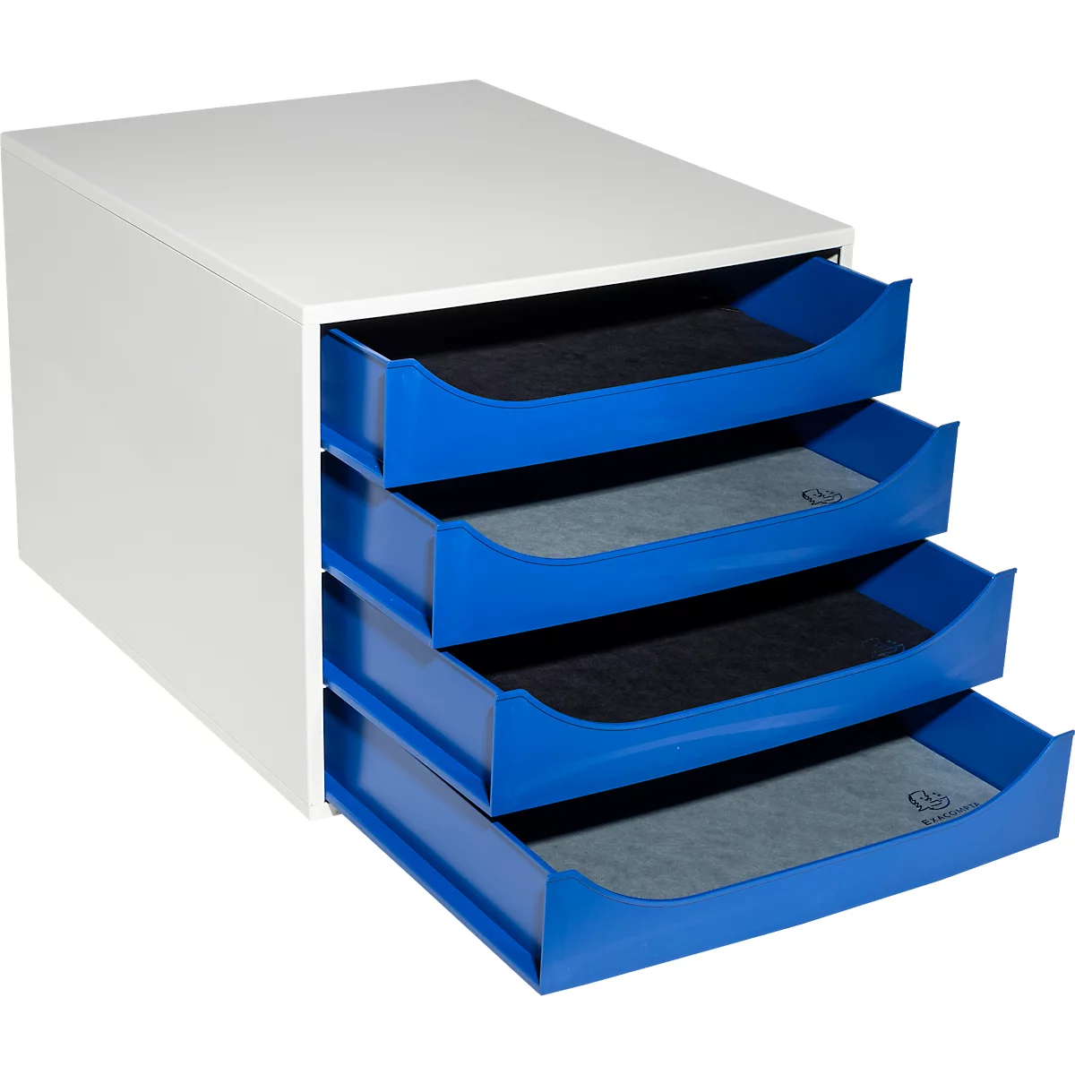 Weisser Schrank mit vier Schubladen in Blau, Schubladen mit schwarzen Einlagen. 