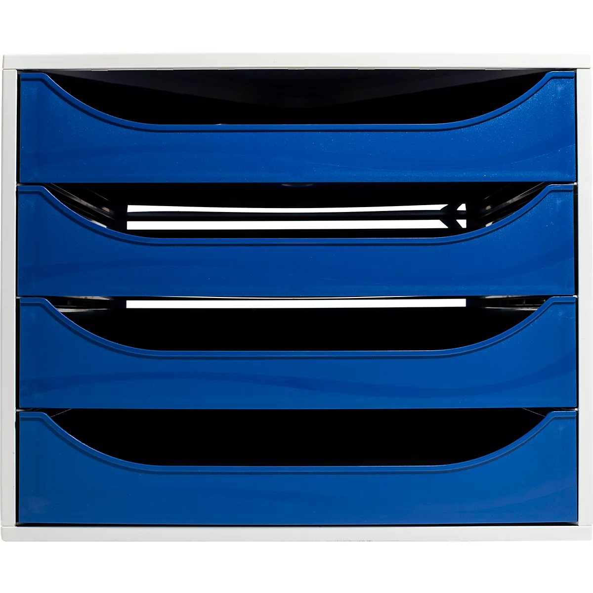 Blauer Papierkorb mit vier Fächern, weisser Rahmen. Schwarze Zwischenräume. Ideal für Büro. Sauber und übersichtlich.