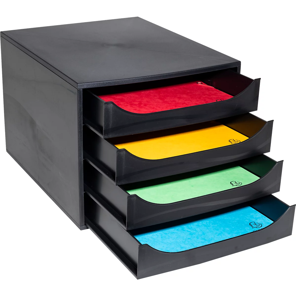 Schwarzer Papierablagekorb mit vier Schubladen, gefüllt mit farbigem Papier: Rot, Gelb, Grün und Blau.