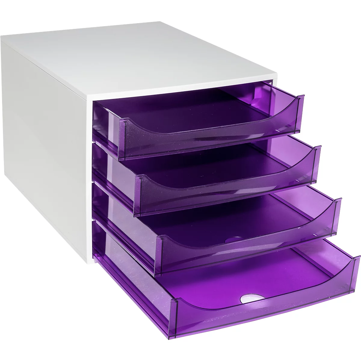 Weisses Büroablage-Regal mit vier transparent-lila Schubladen.