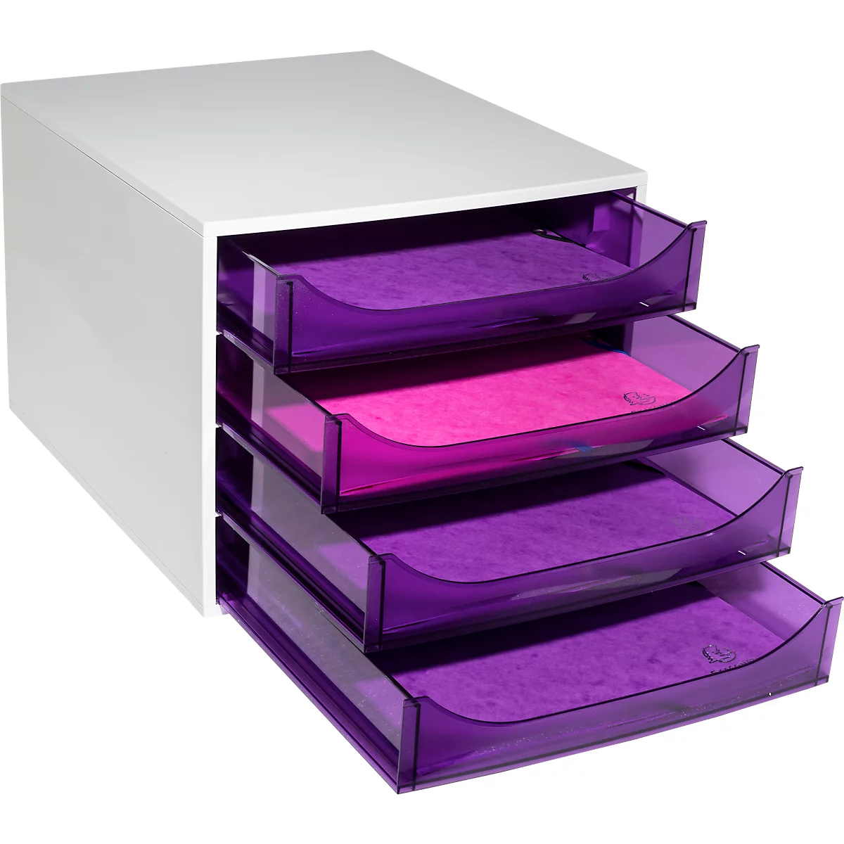 Weisser Schreibtisch-Organizer mit vier durchsichtigen, violetten Schubladen, eine davon mit pinkem Papier.