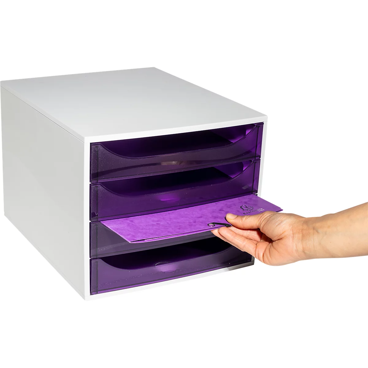 Weisser Schreibtisch-Organizer mit 3 Schubladen und einer violetten Schublade, die geöffnet wird.