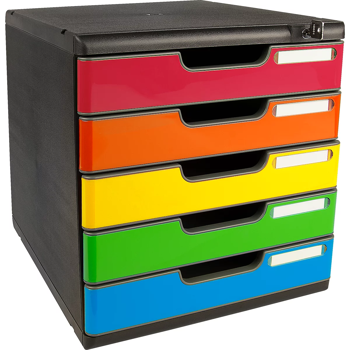 Schubladenbox mit fünf farbigen Schubladen, rot, orange, gelb, grün und blau angeordnet.