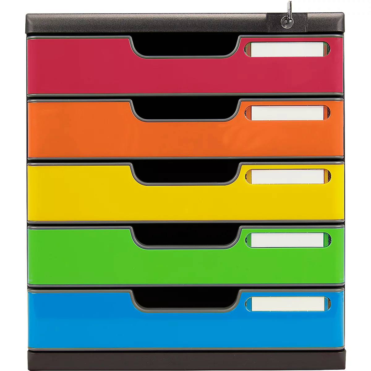 Bunte Schubladenbox, rot, orange, gelb, grün und blau. Oben rechts ein Schloss.