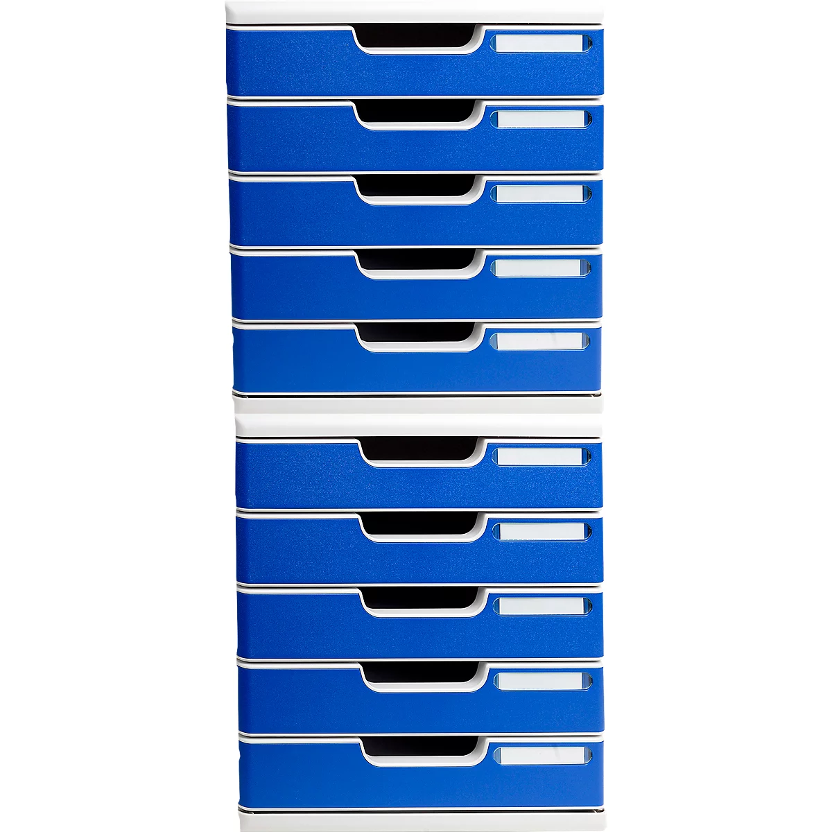 Blau-weisser Dokumenten-Tower mit Schubladen, in denen Schubladenschlitze und leere Beschriftungsfelder zu sehen sind.