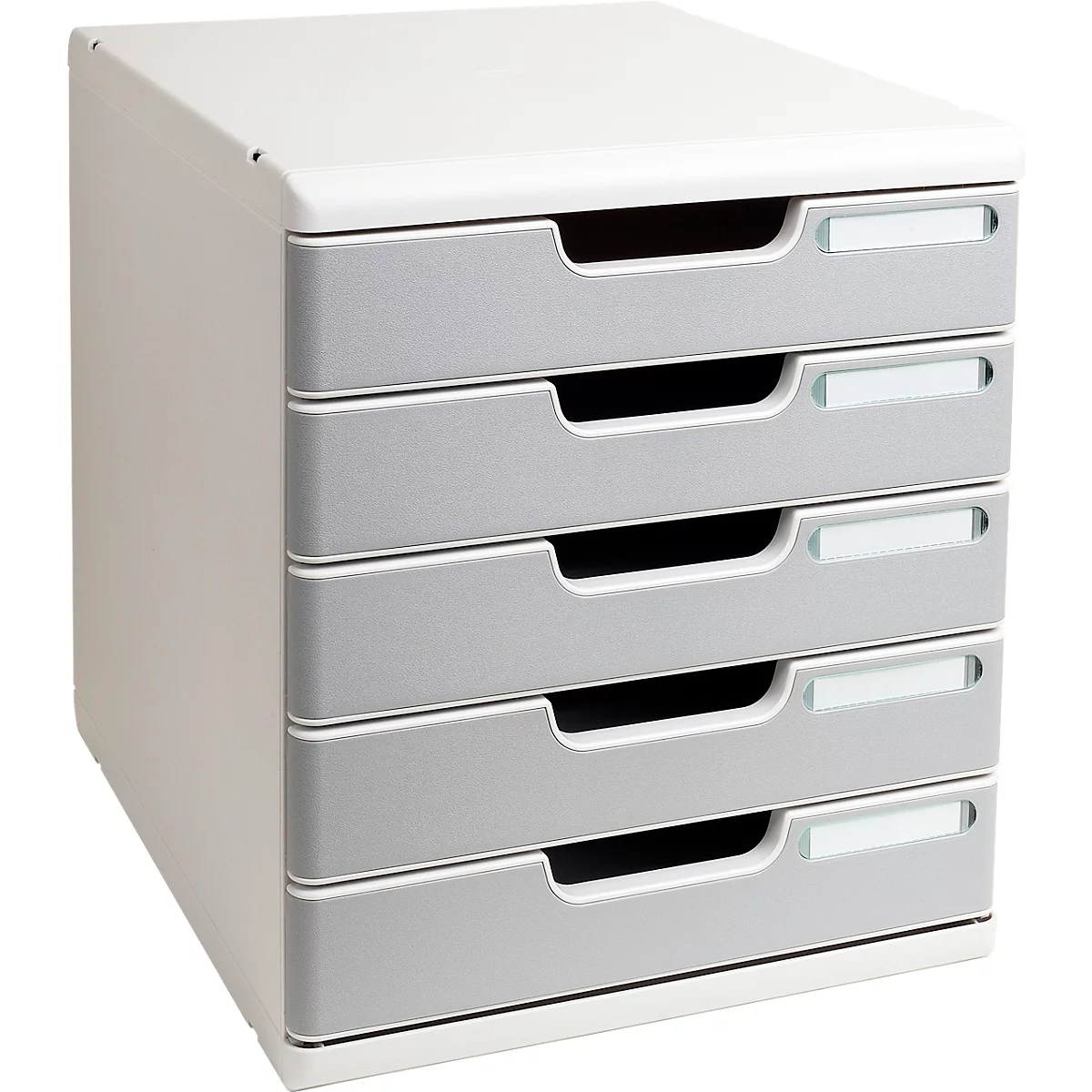 Grauer Büro-Schubladenschrank mit 4 Schubladen. Jede Schublade hat eine Griffmulde und ein Beschriftungsfeld.