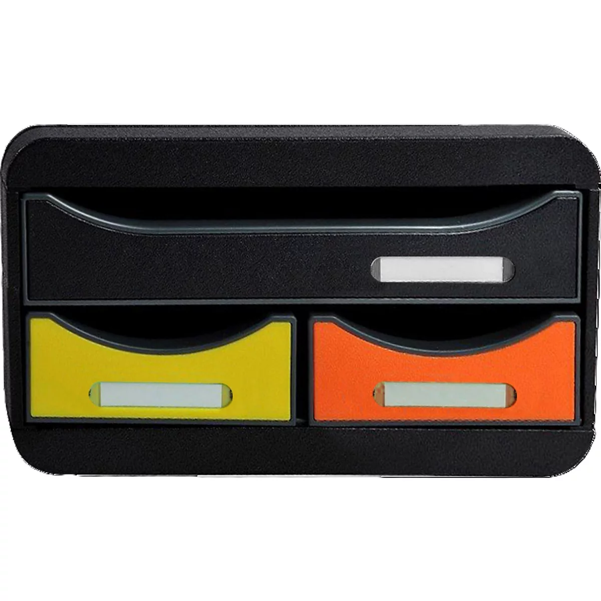 Système de tiroirs noir avec trois tiroirs : dessus noir, bas jaune et orange.