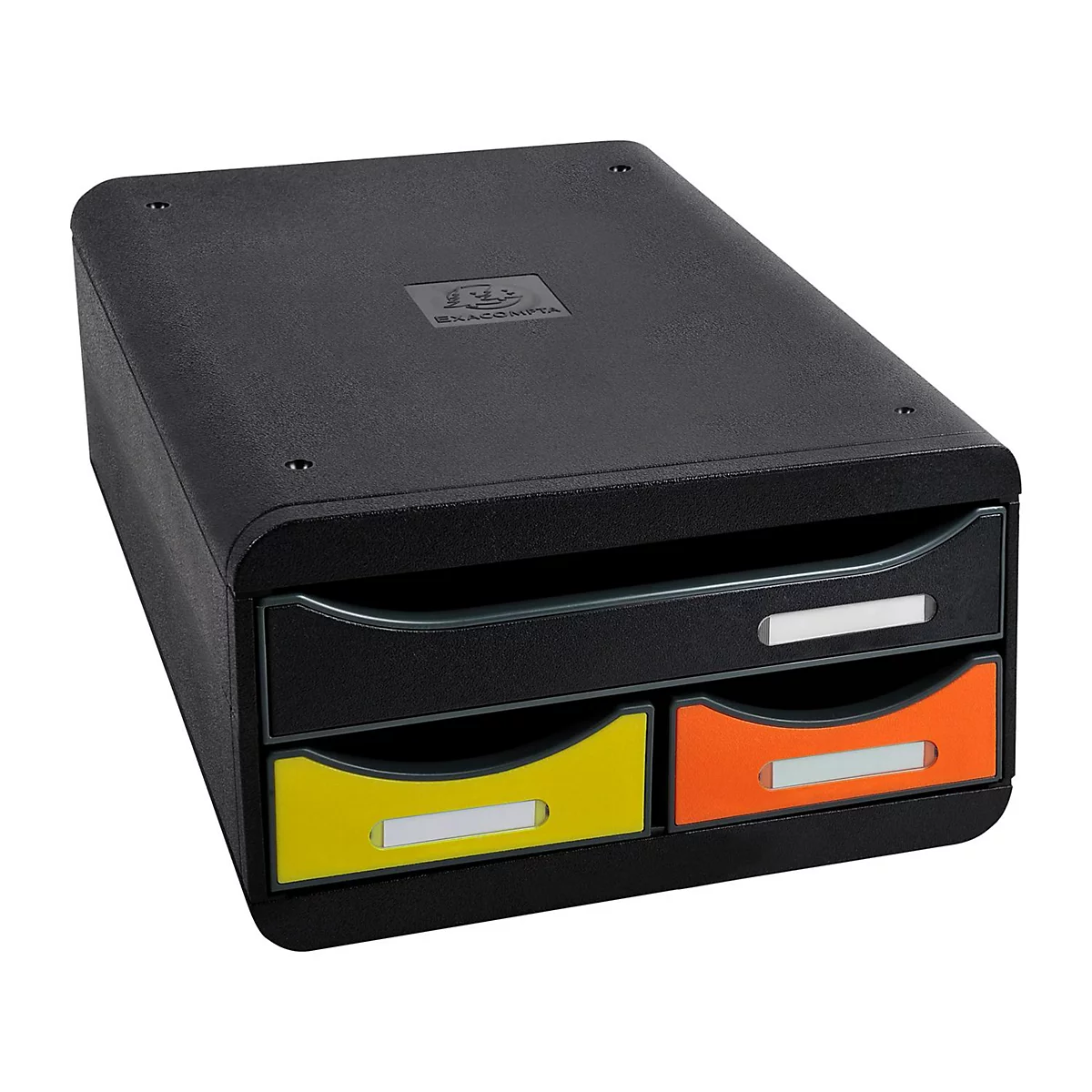Empileur de documents noir avec trois tiroirs. Deux couleurs, jaune et orange. Tous les tiroirs ont des étiquettes.