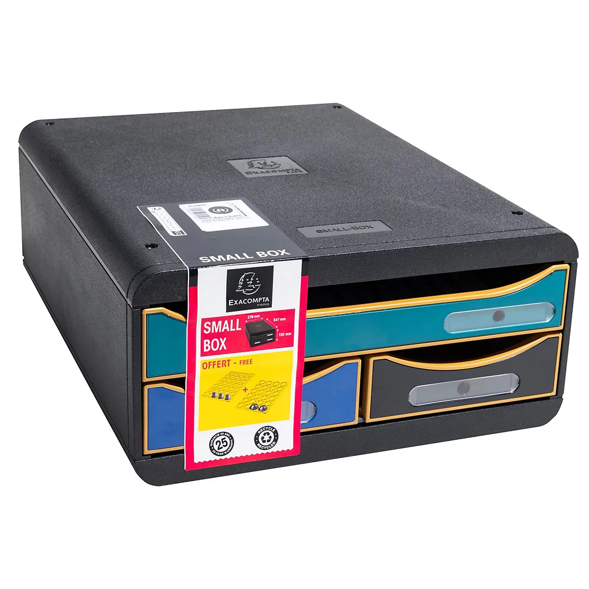 Boîte à tiroirs noire avec tiroirs colorés. Une étiquette de prix rouge y est accrochée. Sur le couvercle, il est écrit "SMALL BOX".