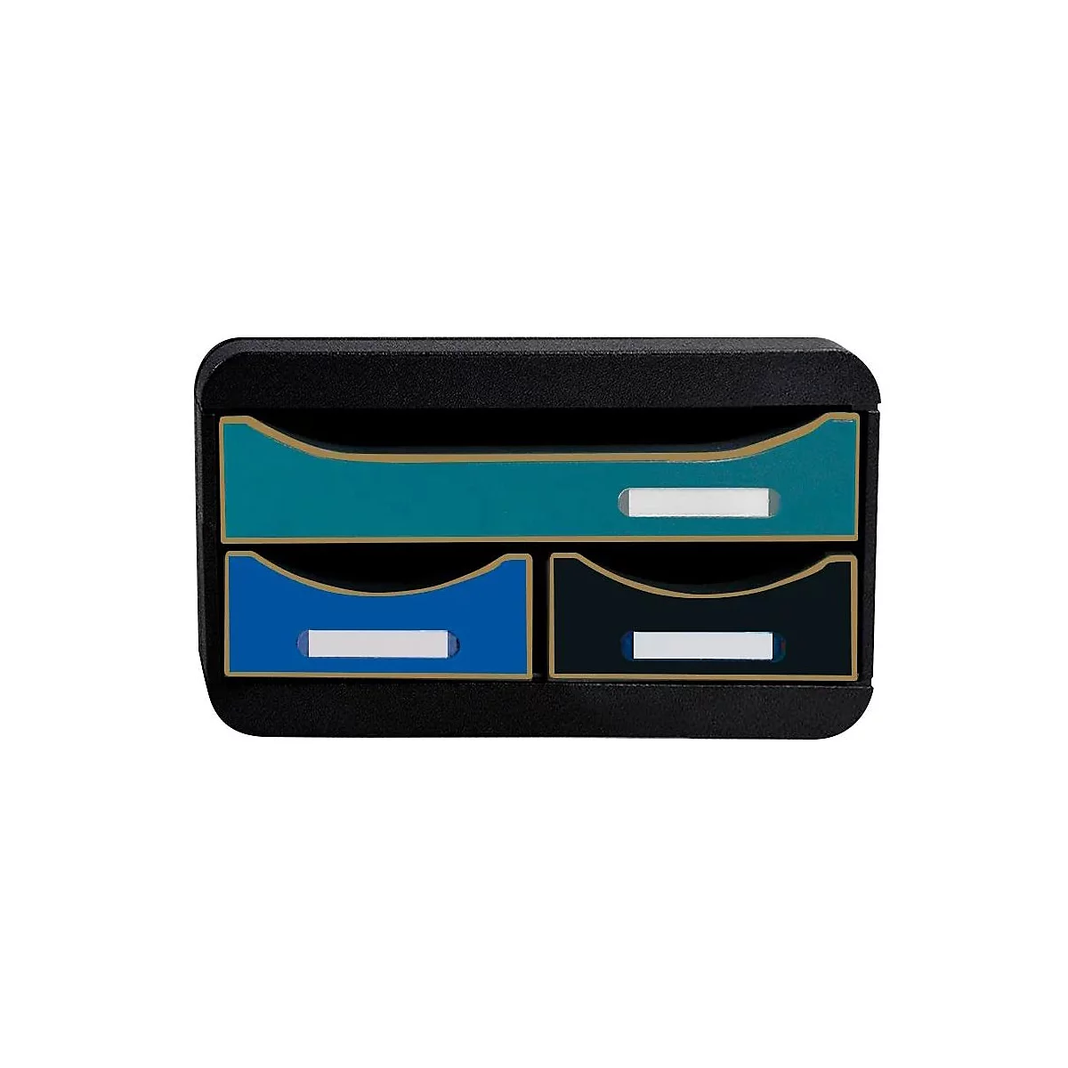 Schwarzer Tischorganizer mit drei Schubladen in Blau, Türkis und Schwarz, mit goldenen Akzenten und weißen Schildern.