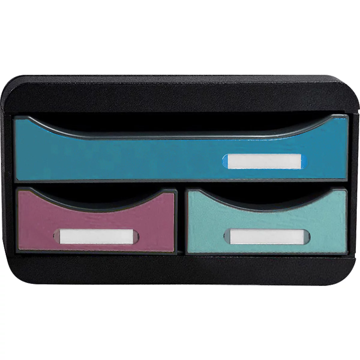 Zwarte documentenorganizer met drie gekleurde lades: blauw, paars en turkoois. Elke lade heeft een wit label.
