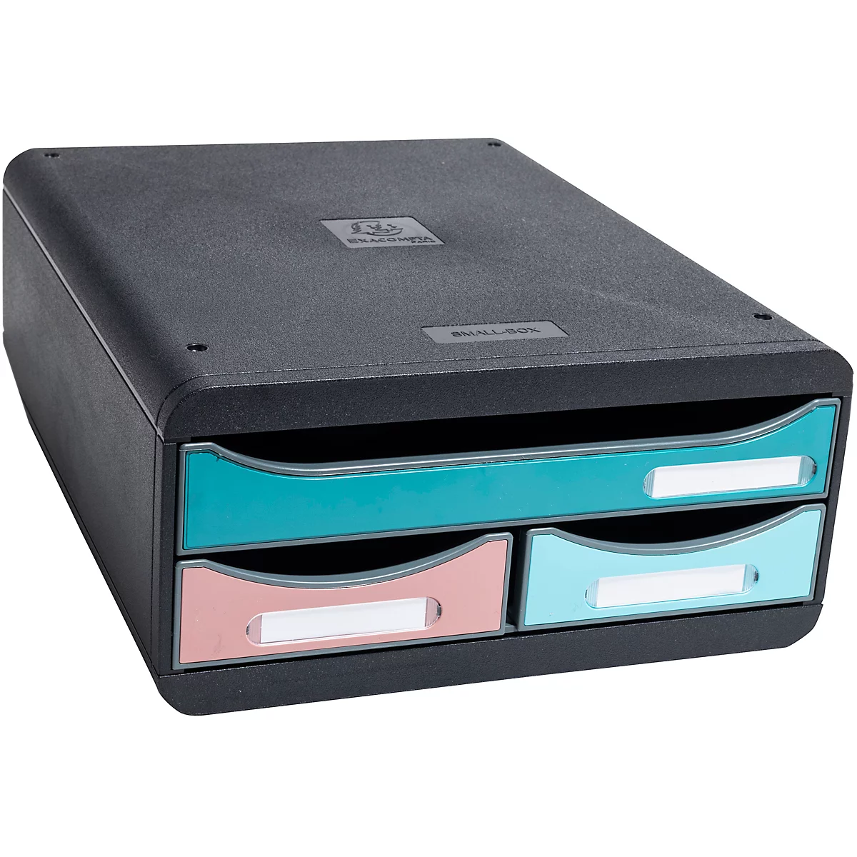 Zwarte documentenorganizer met drie laden in turquoise, roze en lichtblauw. Elke lade heeft een wit naamlabel.