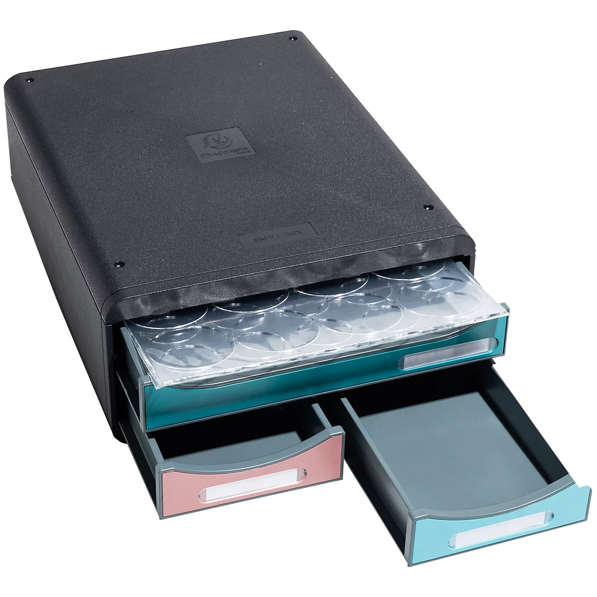 Boîte de rangement noire avec tiroirs coulissants. Tiroirs avec étiquettes et disques transparents.