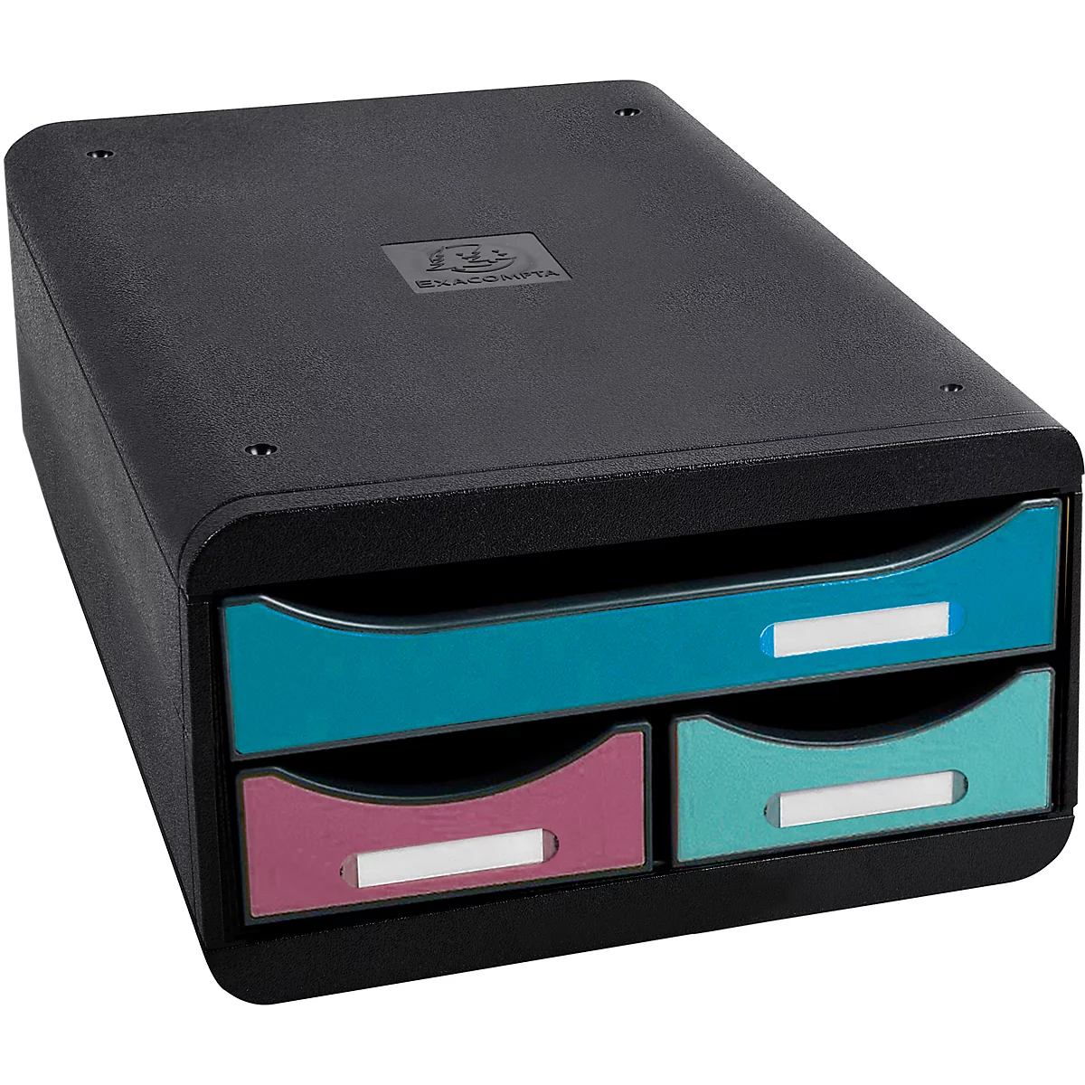 Organisateur de documents noir avec trois tiroirs colorés. Chaque tiroir a une étiquette blanche. Le logo Blackbox est sur le dessus.