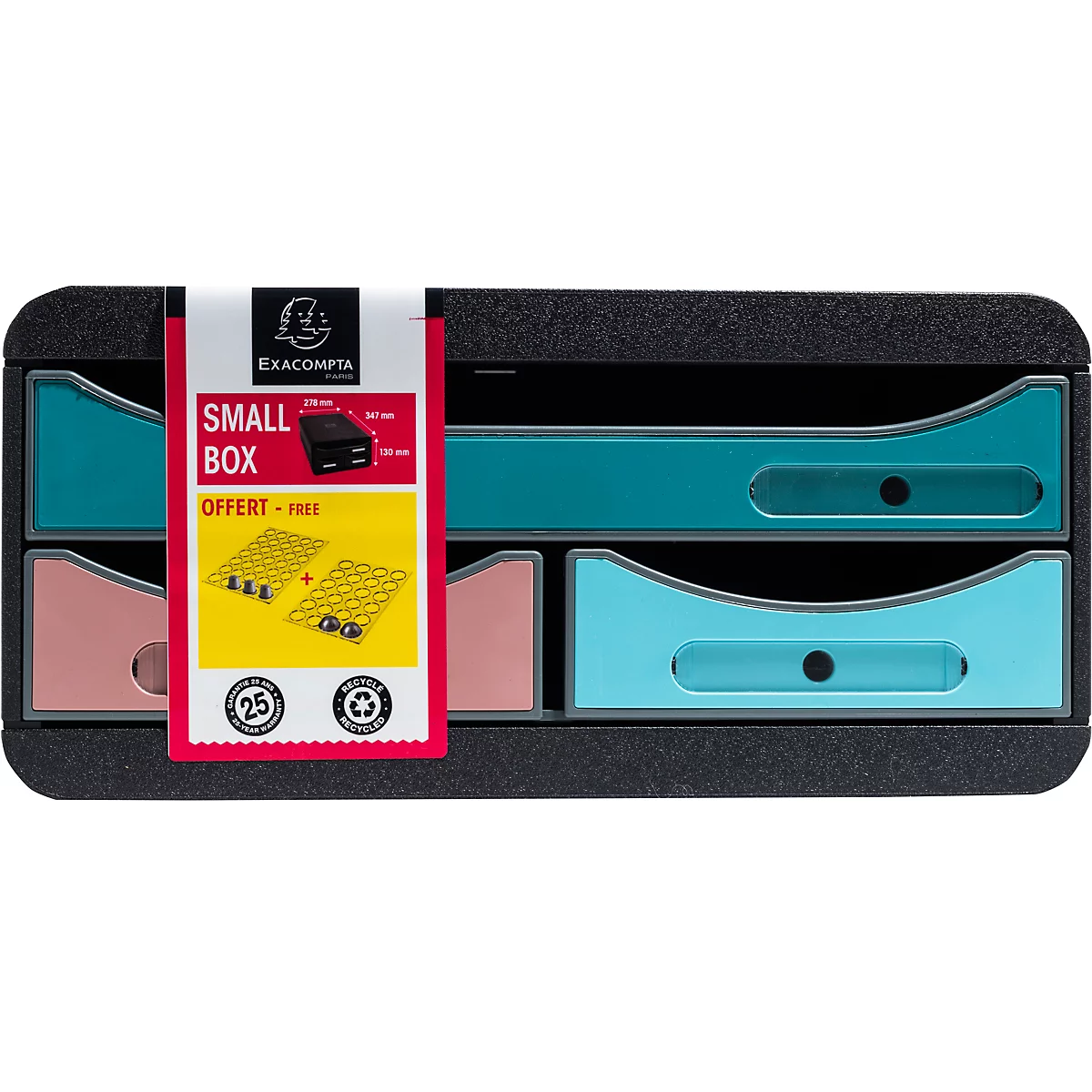 Boîte à tiroirs multicolore avec étiquette de produit.