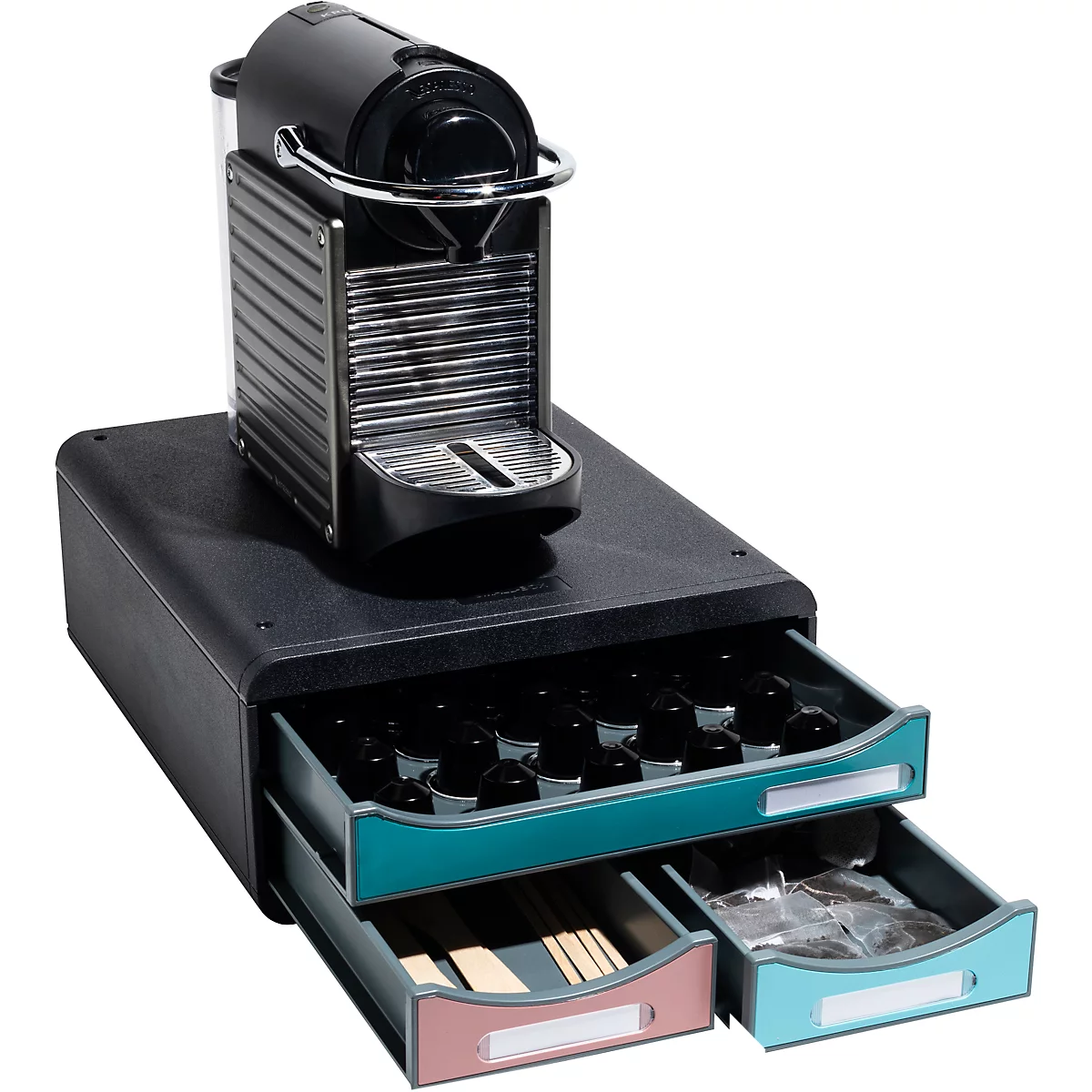Machine à café noire avec tiroirs intégrés pour capsules, accessoires. Tiroirs bleus et roses.
