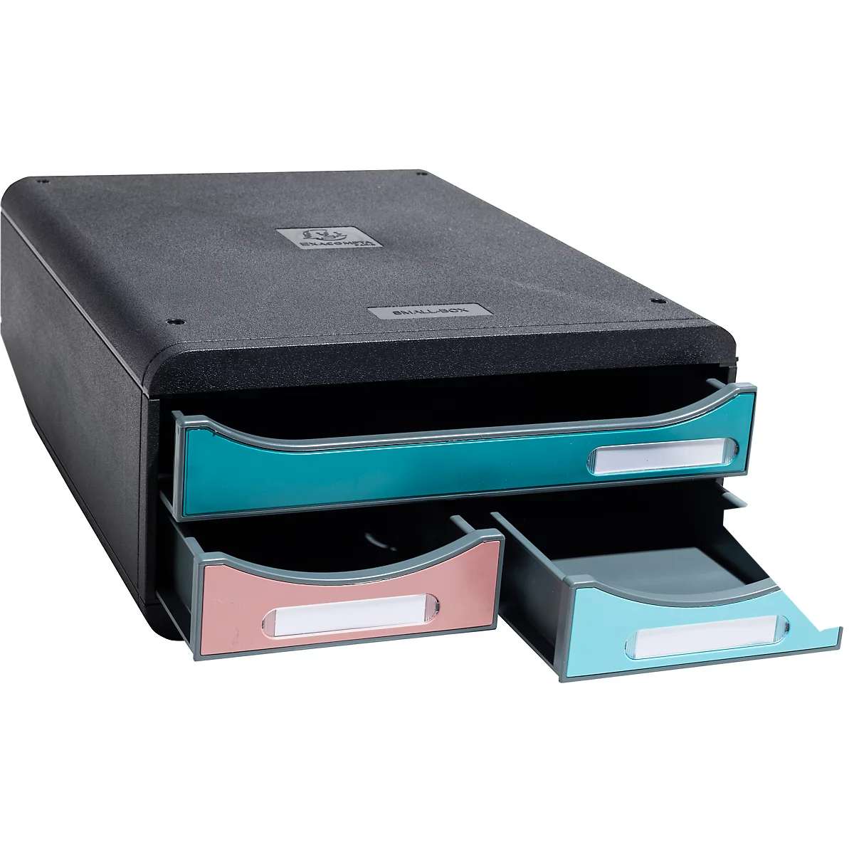 Organisateur de documents noir avec trois tiroirs. Deux tiroirs sont ouverts, avec des façades de tiroirs rose pâle et sarcelle.