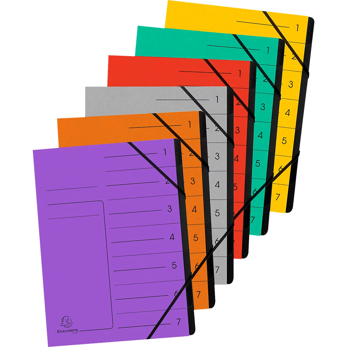 Several colorful document folders with elastic band, numbered.