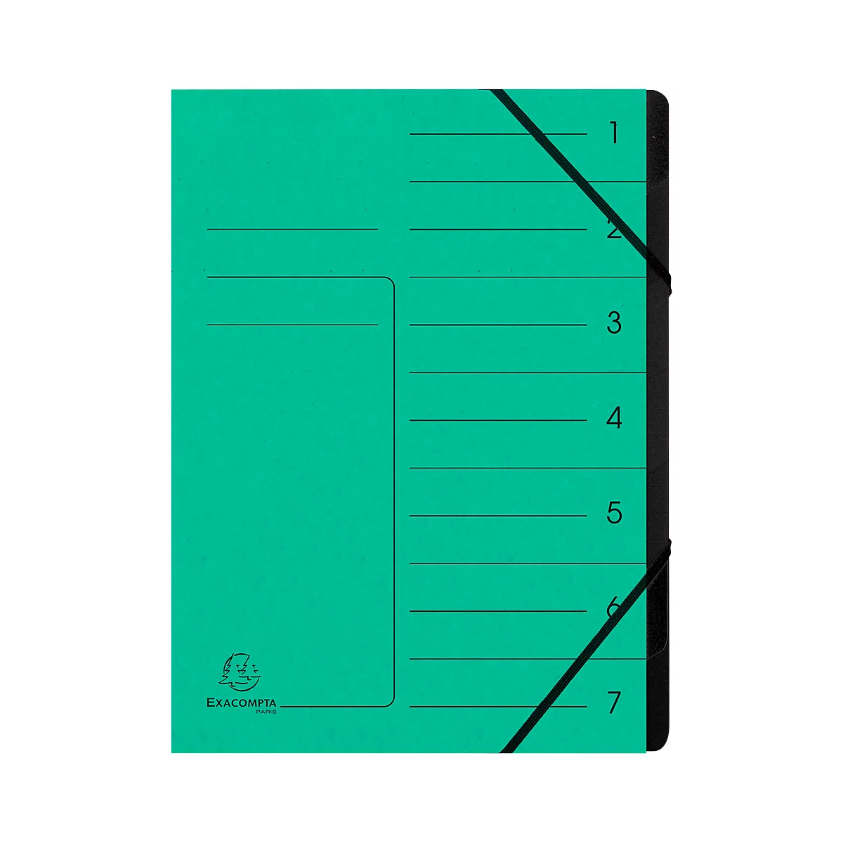 Teal file folder with black elastic band and vertical lines that mark the division into sections.