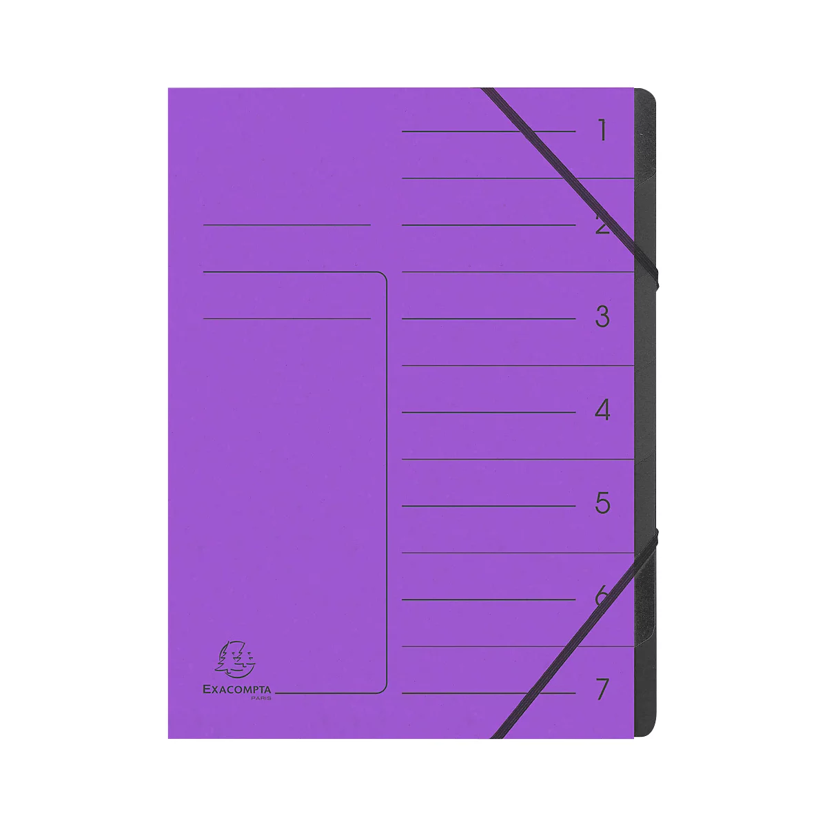 Purple file folder, labelled with numbers 1 to 7, with elastic band closure and logo.