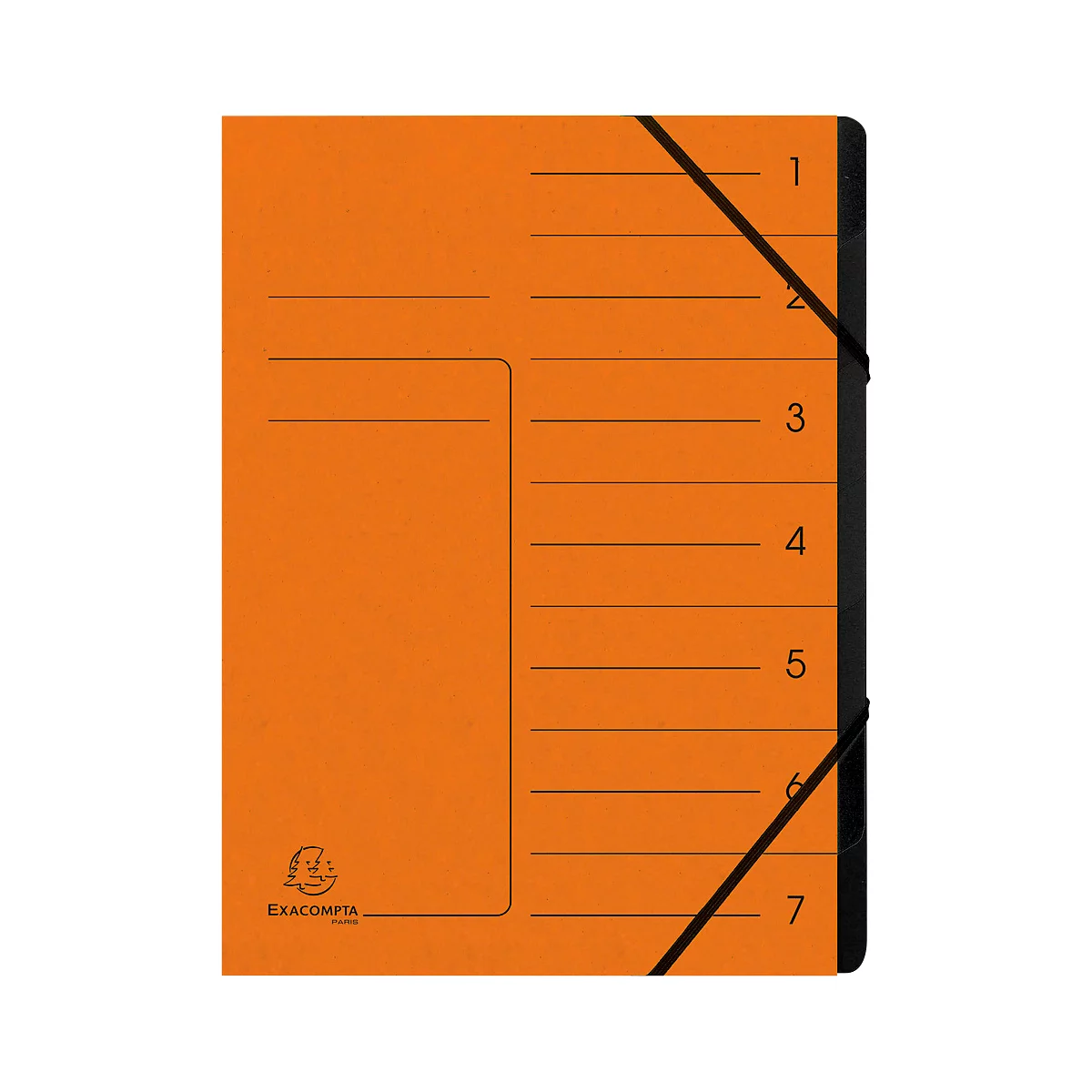 Orange folder with black rubber bands and labeled index tabs.