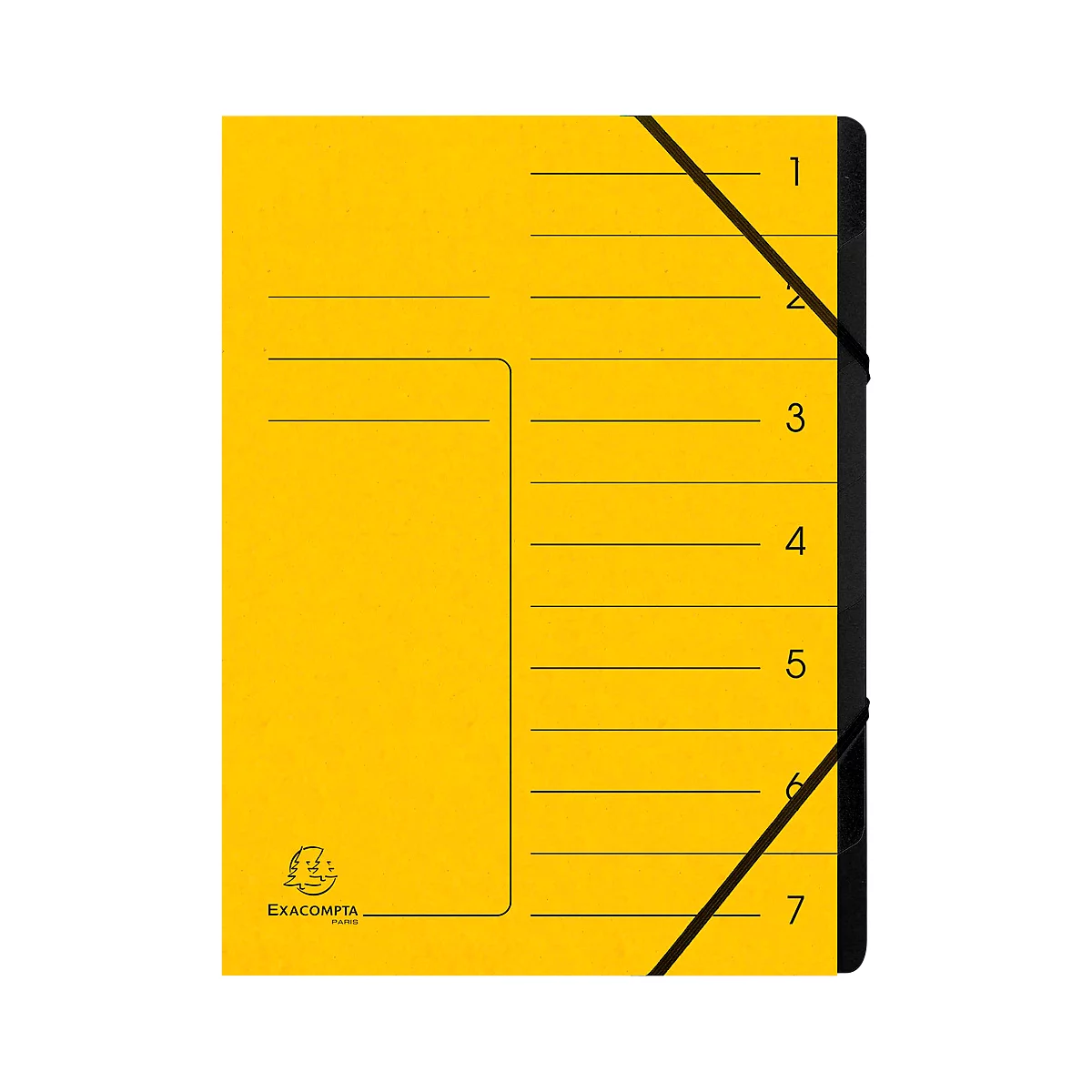 Yellow document file with black elastic band. Inscription: 1-7. Brand: EXACOMPTA.