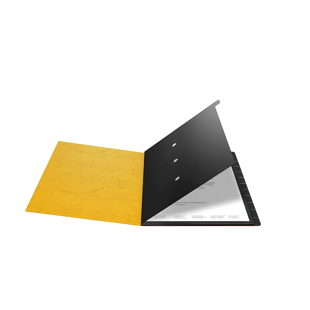 Opened black binder with yellow lining, papers inside.