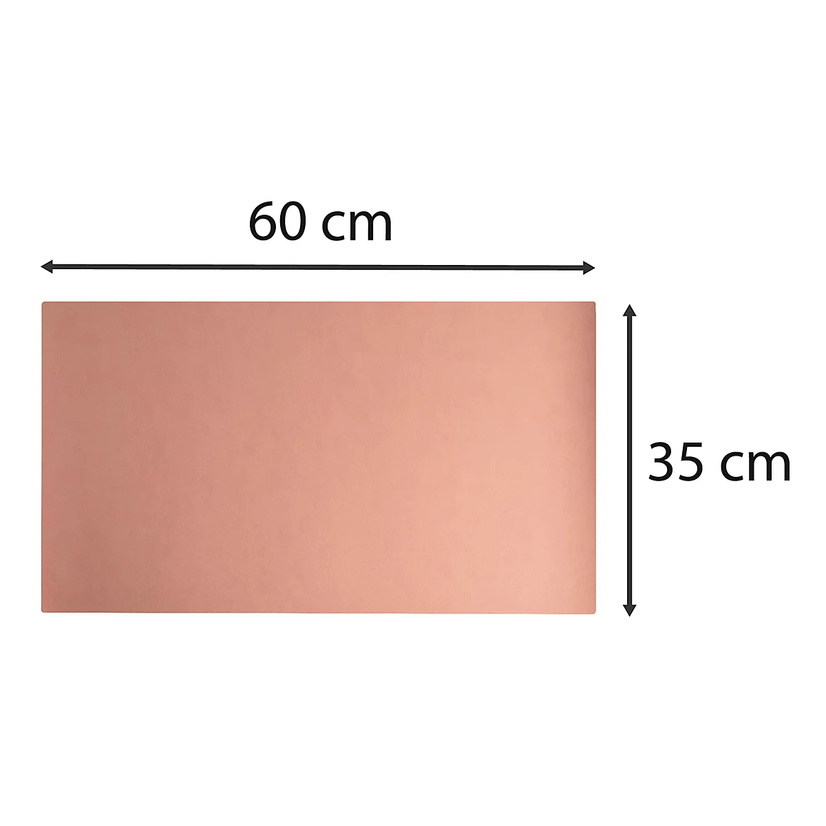 Plaque rectangulaire de couleur cuivre mesurant 60 x 35 cm. Les dimensions sont indiquées par des flèches et du texte noirs.