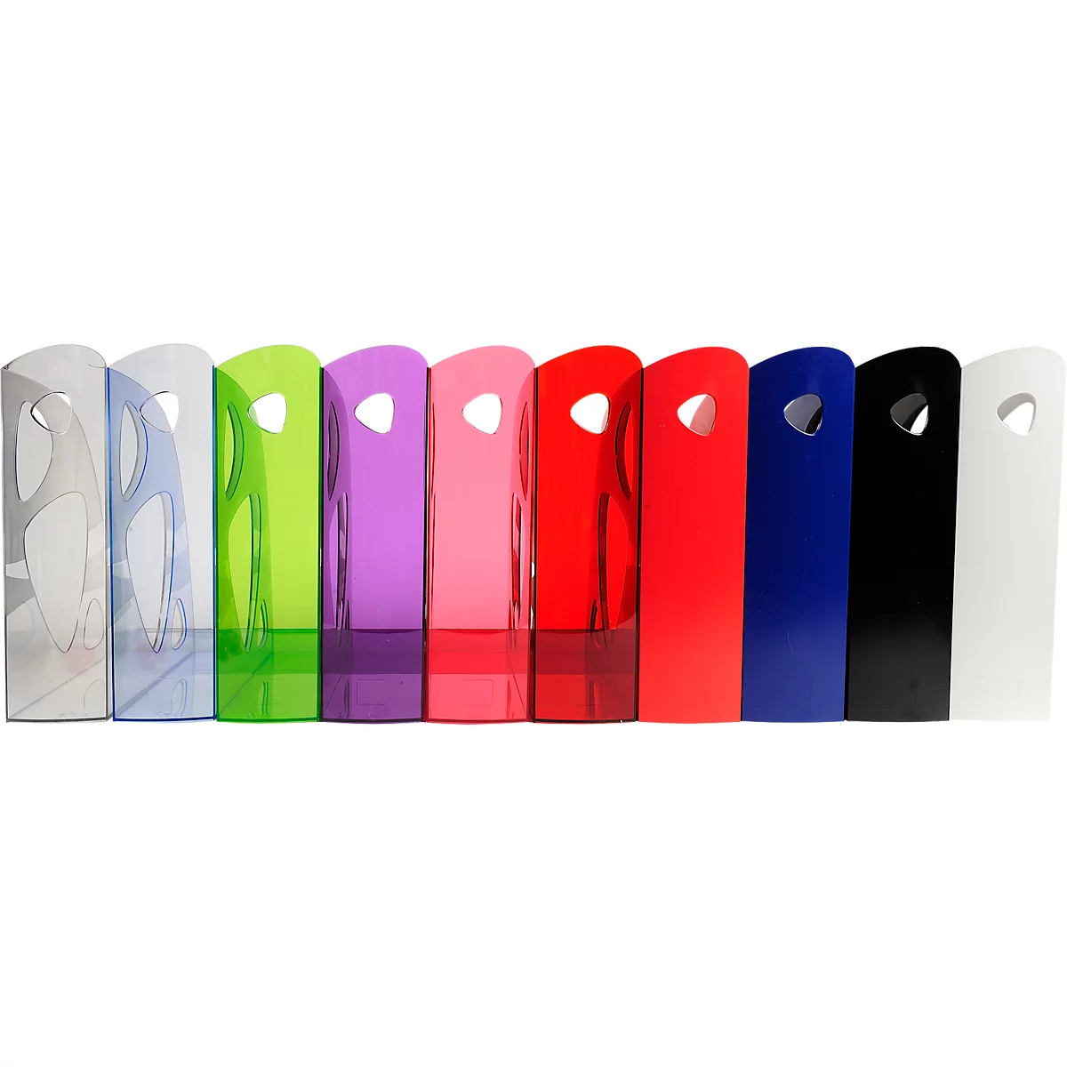 Reihe von bunten, rechteckigen Kunststoffhaltern mit Griffloch. Verschiedene Farben: Grau, Blau, Grün, Lila, Rosa, Rot, Blau, Schwarz, Weiss.