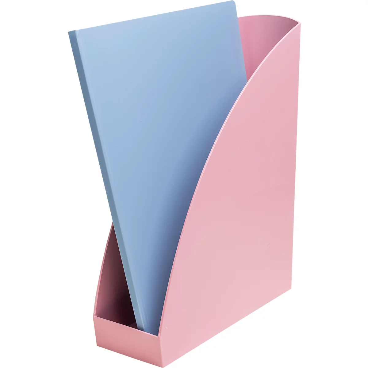 Rosa Zeitschriftenständer, gefüllt mit blauen Papieren.