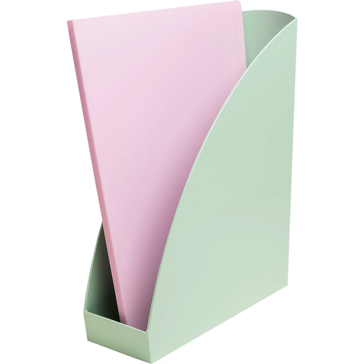 Ein mintfarbener Zeitschriftenhalter mit einem rosa Stapel Papier darin.