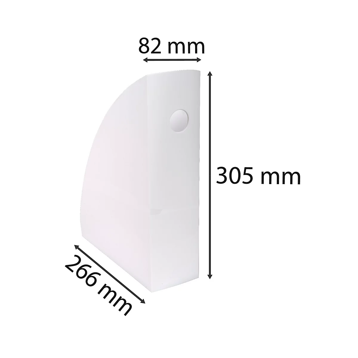 Weißer Aktenordner, Maße 305x266x82mm, mit Messangaben.