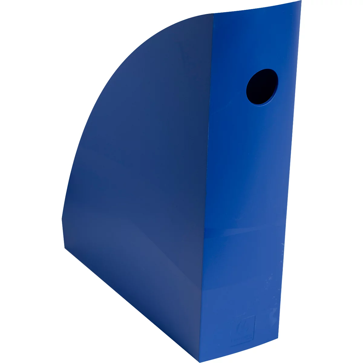 Blauer, halbkreisförmiger Magazinhalter aus Kunststoff mit einem Loch.