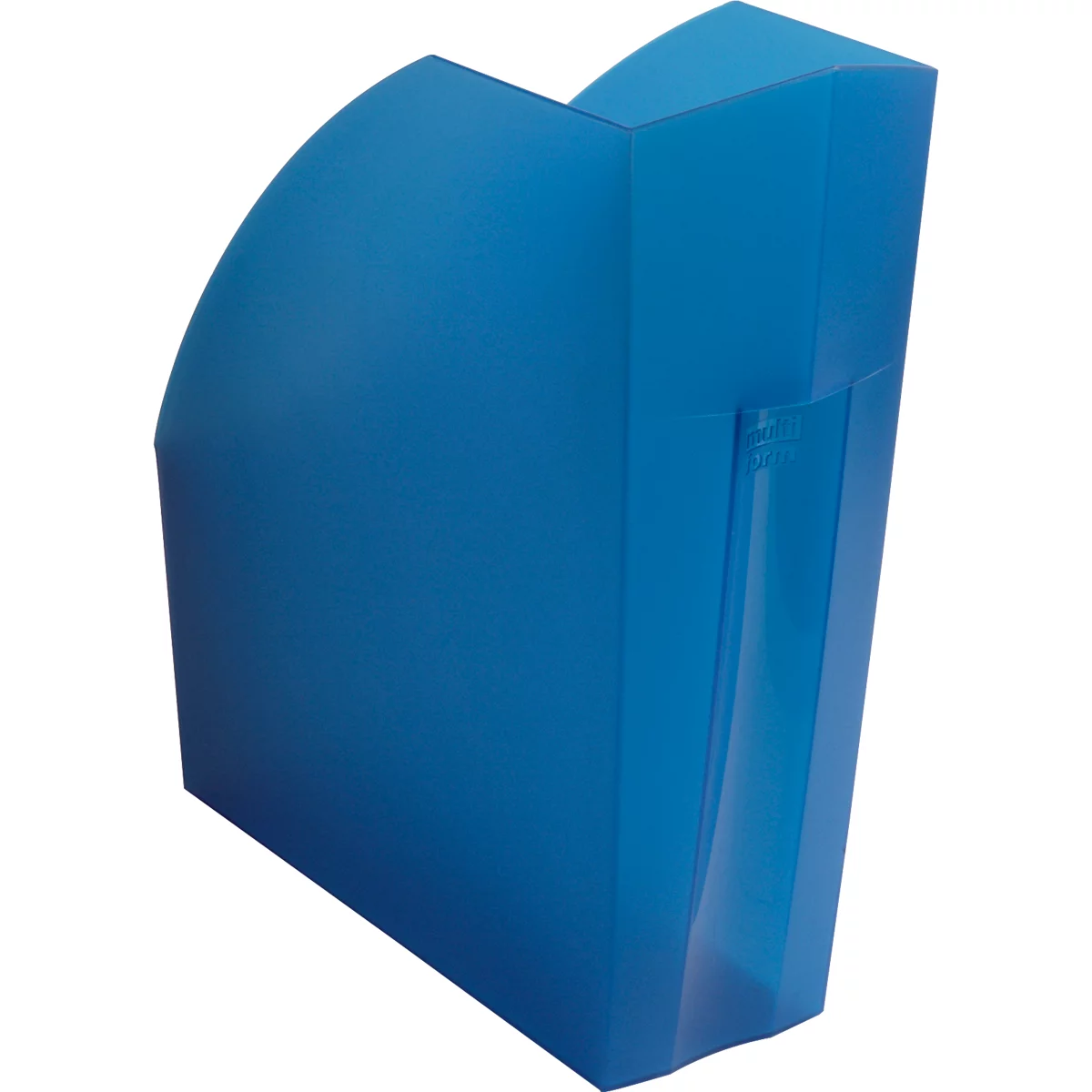 Blaues, eckiges Objekt mit abgerundeter Ecke. Es wirkt wie ein Ablagefach oder ein dekoratives Element.