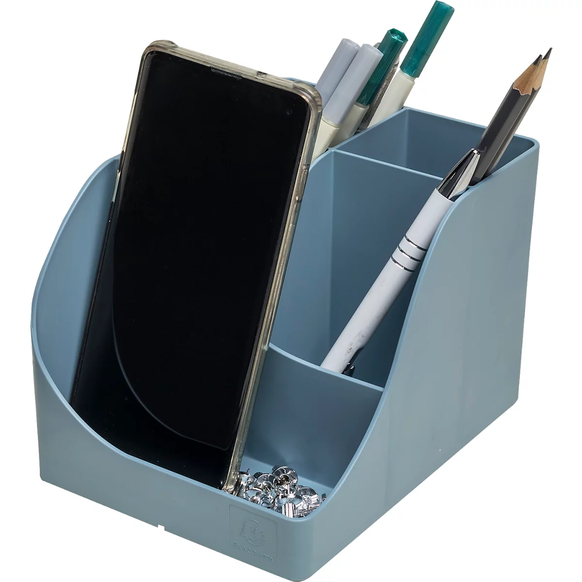 Hellblaues Stifte- und Smartphone-Etui mit einem Stift, einem Bleistift, Filzstiften und einem Handy.
