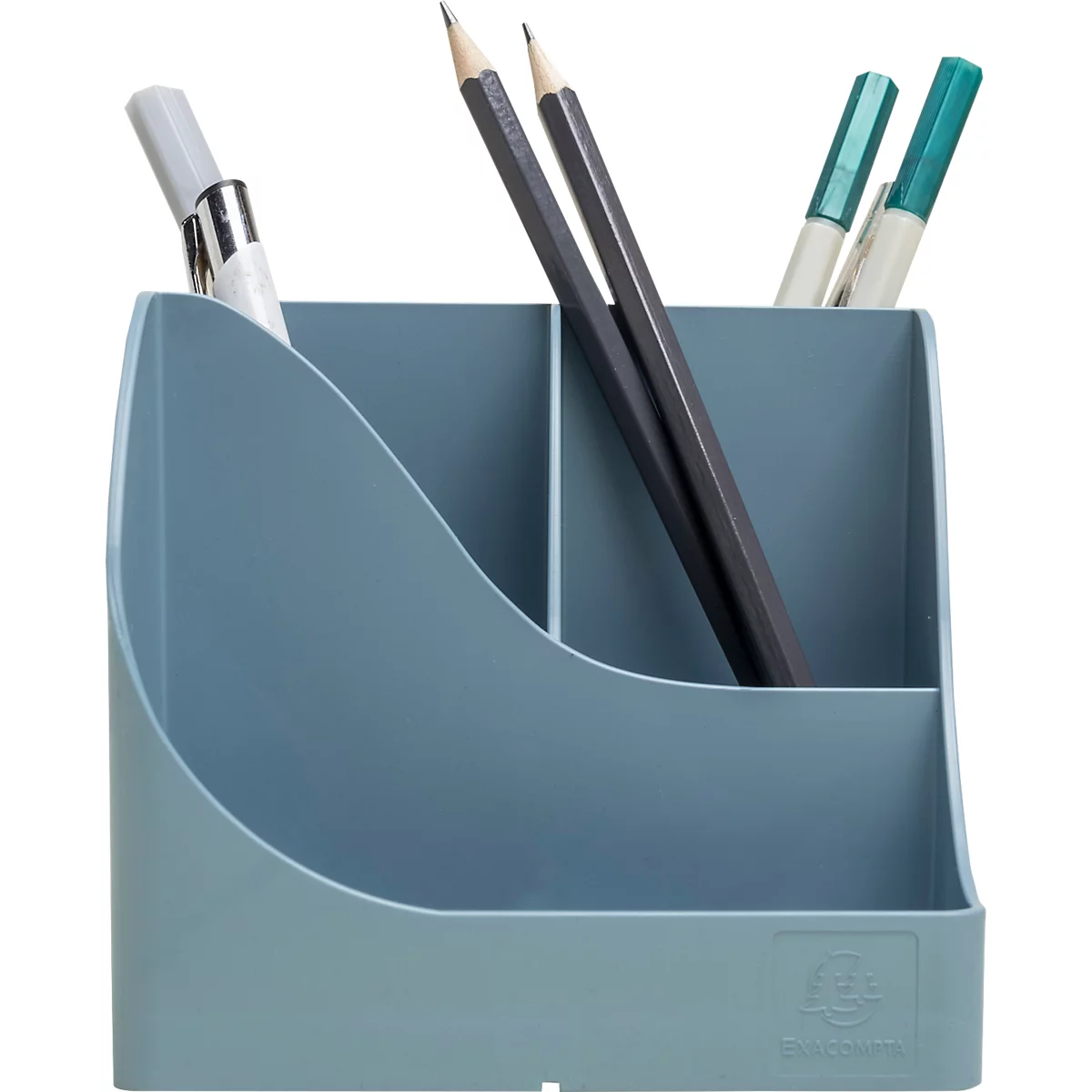 Hellblaues Stifte-Set. In den Fächern liegen Stifte, Bleistifte und ein Textmarker.