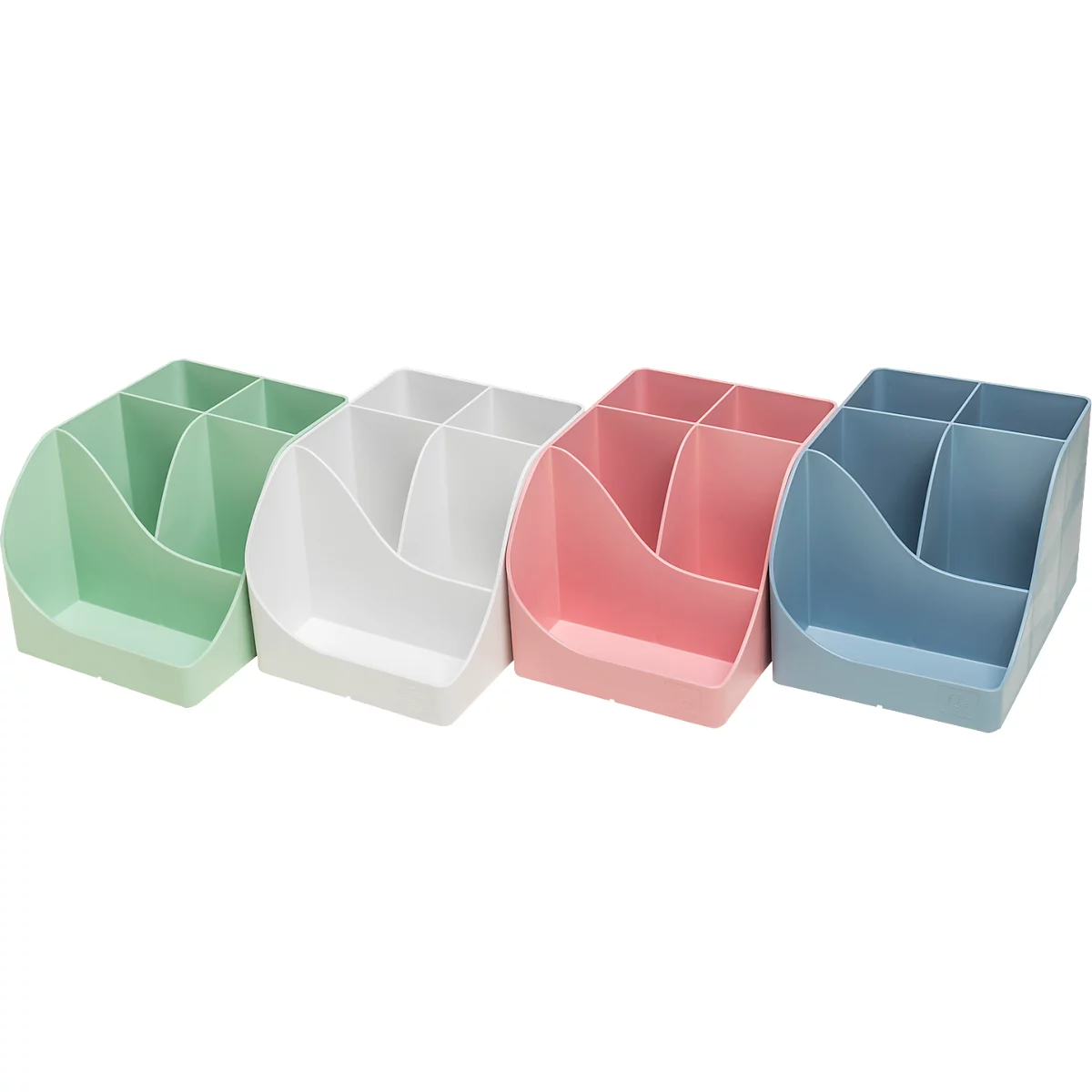 Vier verschiedenfarbige Stiftehalter nebeneinander: Grün, Weiss, Rosa und Blau, mit jeweils sechs Fächern.