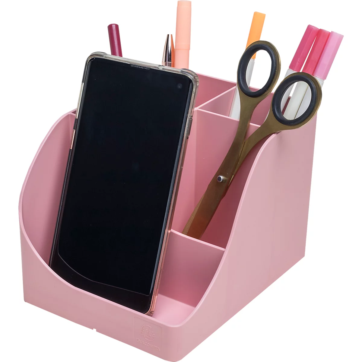 Rosa Stiftehalter mit Handy, Schere und Stiften. Der Stiftehalter ist in mehrere Fächer unterteilt.
