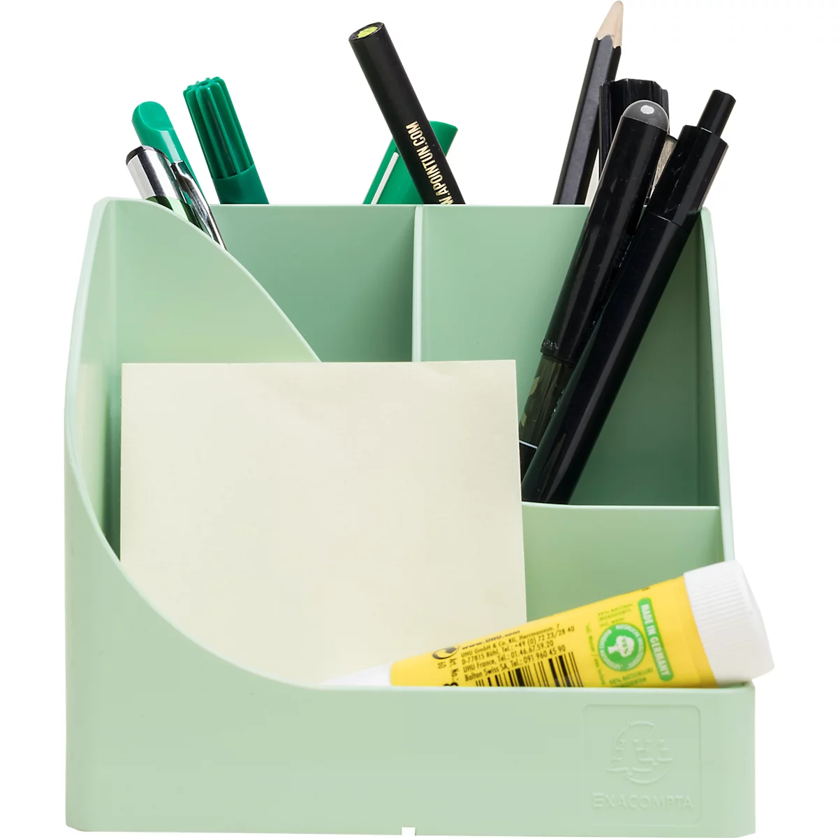 Grüner Stiftehalter mit Stiften, Klebstoff und Notizzettel. Auf der Seite ist ein Kleber abgebildet.