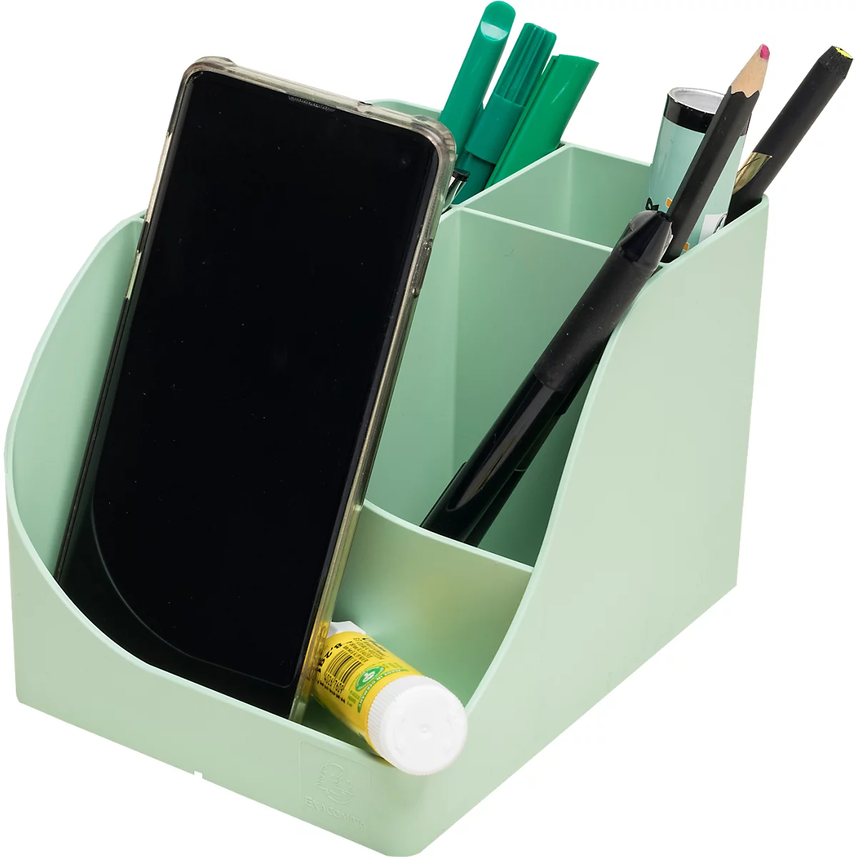Hellgrüner Stifthalter mit Smartphone, Stiften und Klebestift. Innenfächer zur Organisation von Bürobedarf. Büroartikel.