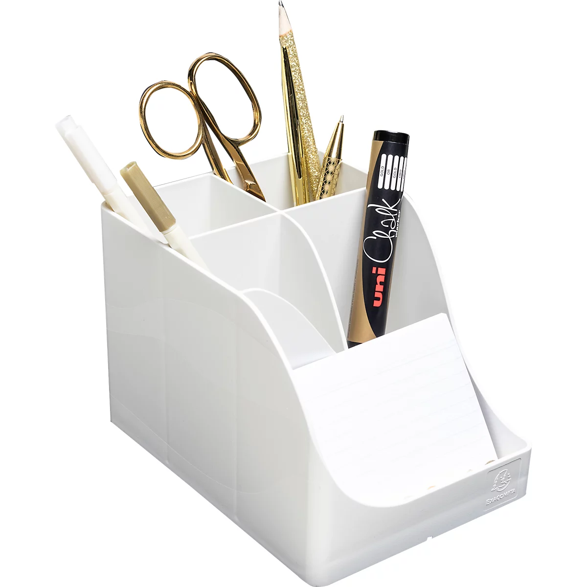 Weißer Schreibtisch-Organizer mit goldenen Stiften, einer Schere und einem schwarzen Filzstift.
