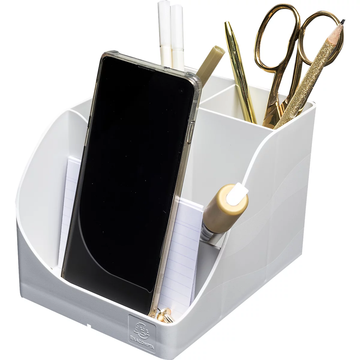 Weißer Stifthalter mit einem Handy, Stiften, Schere und Bleistift.